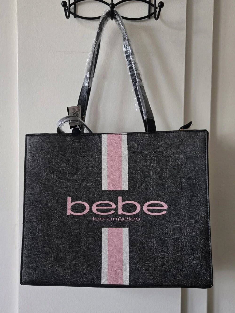 bebe Black and Pink Logo Stripe Tote - Picture 3 of 6